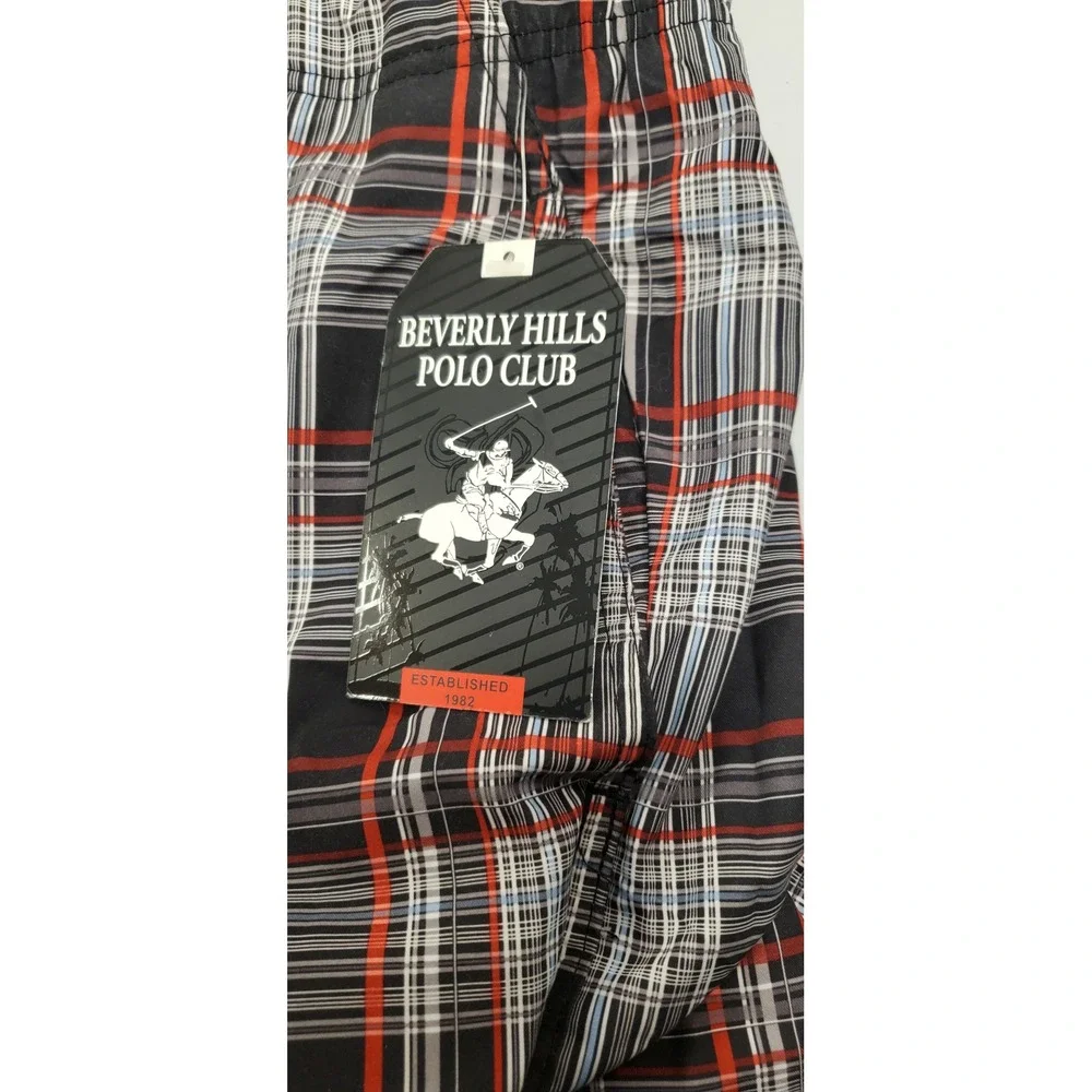 Beverly Hills Polo Club Mens XXL‎ Plaid Cargo Swim Trunks Black Red M702999 NWT